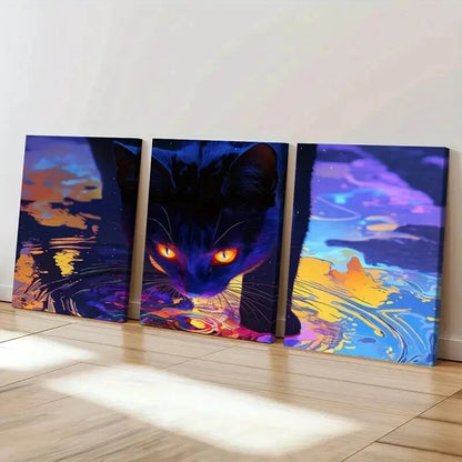 3pcs Psychedelic Abstract Aesthetic Black Cat Wall Art Set Canvas Framed 40x60cm - High Quality Print 100% Australian Made Wall Canvas Ready to Hang