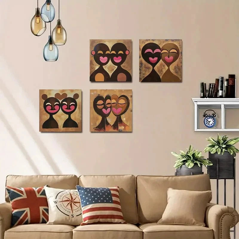 4pcs Romantic Afro CoupleWall Art Canvas Framed