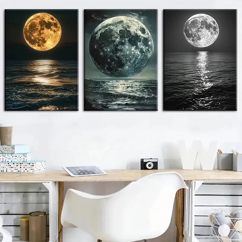 3pcs Night View Planet Ocean Mural Perfect Wall Art Set Canvas Framed 40x60cm - High Quality Print 100% Australian Made Wall Canvas Ready to Hang