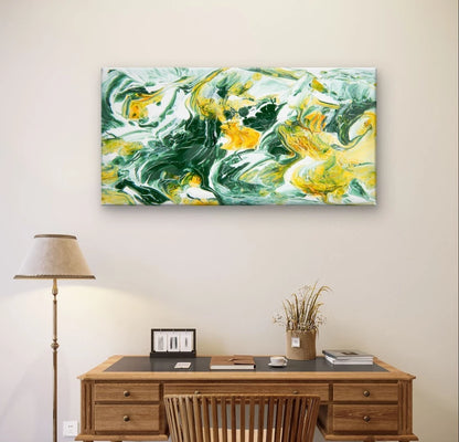 Abstract Green and Yellow Fluid Paint Wall Art Canvas Office Home Framed 120x60cm
