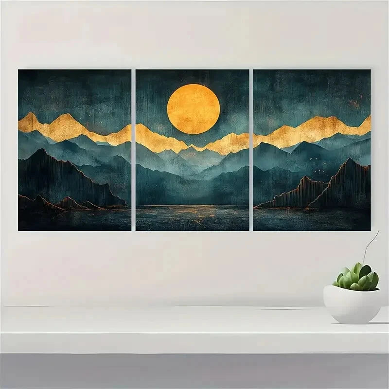 3pcs Dark Blue Green Mustard Yellow Abstract Metal Print Ready to Hang Art