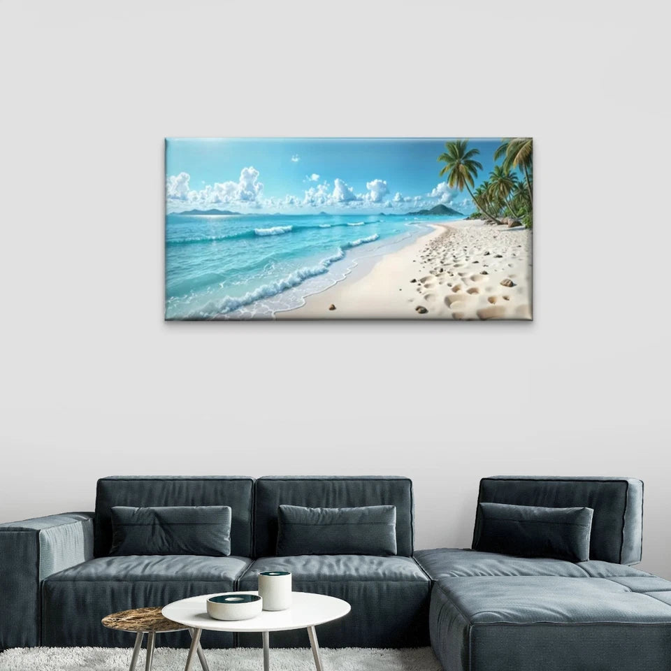 Blue Sky Beach Scene Perfect Wall Art Canvas Office Home Room Framed 120x60cm