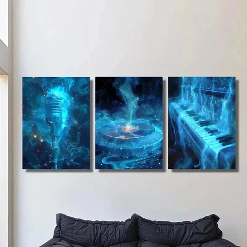 3pcs Blue Smokey Microphone Vinyl Record Piano Wall Art Canvas Unframed - High Quality Print 100% Australian Made Wall Canvas