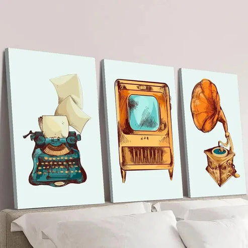 3pcs Old TV and Music Machine & Phonograph Wall Art Canvas Unframed - High Quality Print 100% Australian Made Wall Canvas