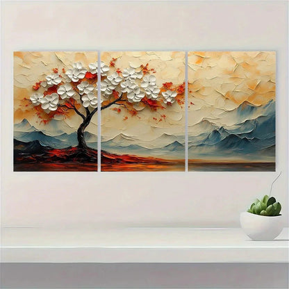 3pcs White Tree Modern Abstract Painting Metal Print Ready to Hang Art