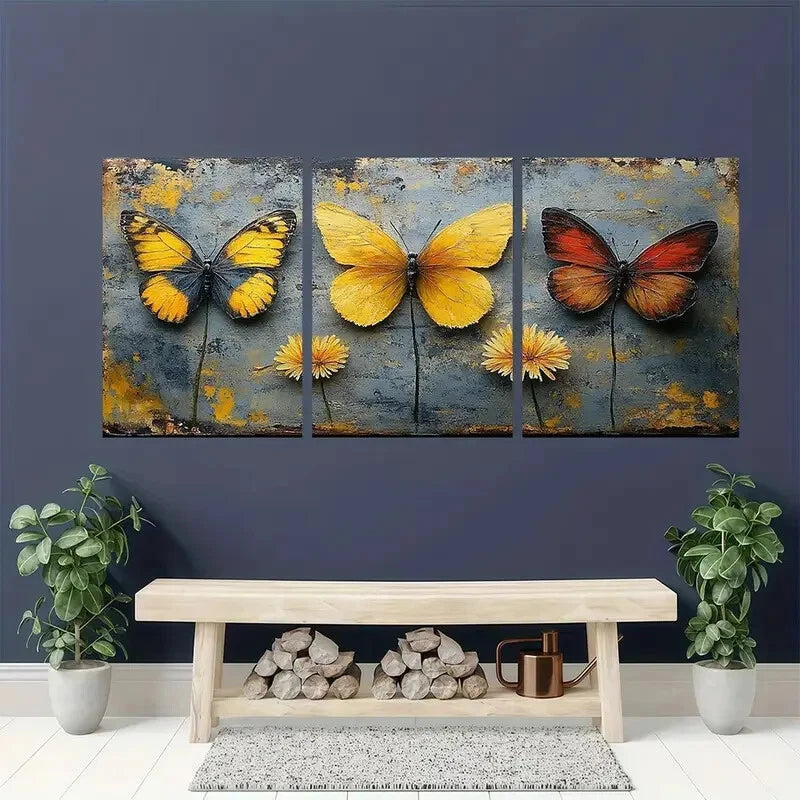 3pcs Rustic Vintage Grey Floral and Butterfly Metal Print Ready to Hang Art