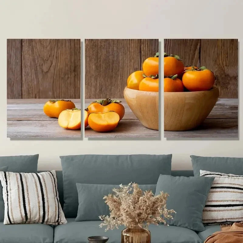 3pcs Vibrant Persimmon Fruit Design Metal Print Ready to Hang Art