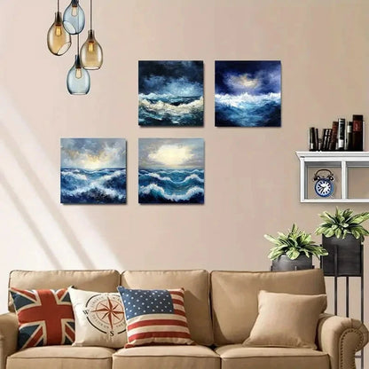 4pcsBlue & Golden BeachWall Art Canvas Framed