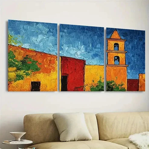3pcs Vibrant Mexican Bell Tower Wall Art Set Canvas Unframed - High Quality Print 100% Australian Made Wall Canvas