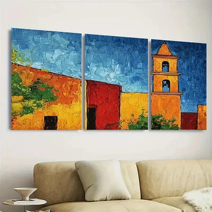 3pcs Vibrant Mexican Bell Tower Wall Art Set Canvas Unframed - High Quality Print 100% Australian Made Wall Canvas
