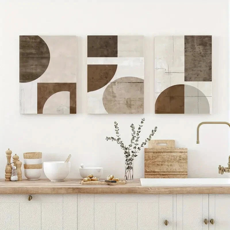 3pcs Beige & Black Geometric Abstract Perfect Wall Art Set Canvas Framed 40x60cm - High Quality Print 100% Australian Made Wall Canvas Ready to Hang
