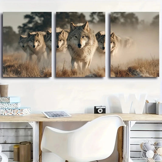 3pcs Wolves Patrolling During Summer Metal Print Ready to Hang Art