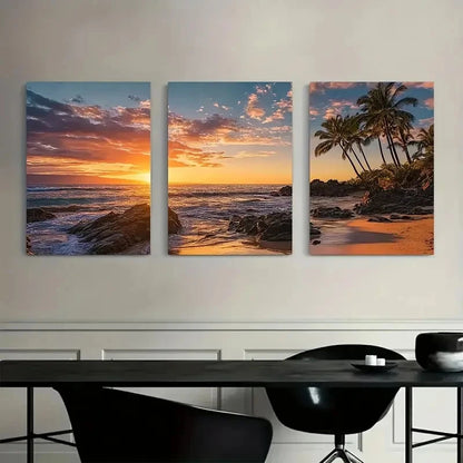 3pcs Sunset Over The Ocean in Hawa Painting Metal Print Ready to Hang Art