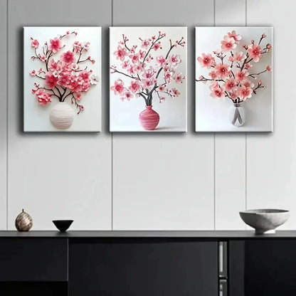 3pcs Cherry Blossom In Vase Painting Wall Art Set Canvas Framed 40x60cm - High Quality Print 100% Australian Made Wall Canvas Ready to Hang