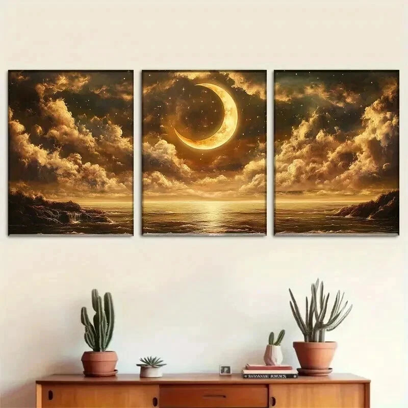 3pcs Golden Moon & Star Reflecting on Stormy Sea Wall Art Set Canvas Framed 40x60cm - High Quality Print 100% Australian Made Wall Canvas Ready to Hang