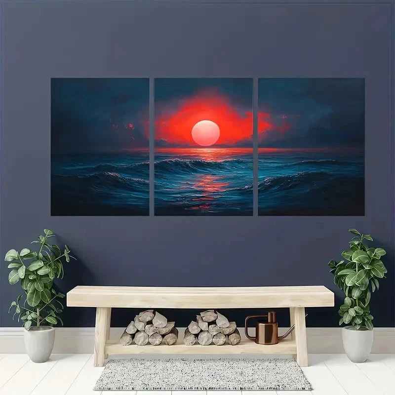 3pcs Mid Century Modern Sunset Wall Art Set Canvas Framed 50x70cm - High Quality Print 100% Australian Made Wall Canvas Ready to Hang