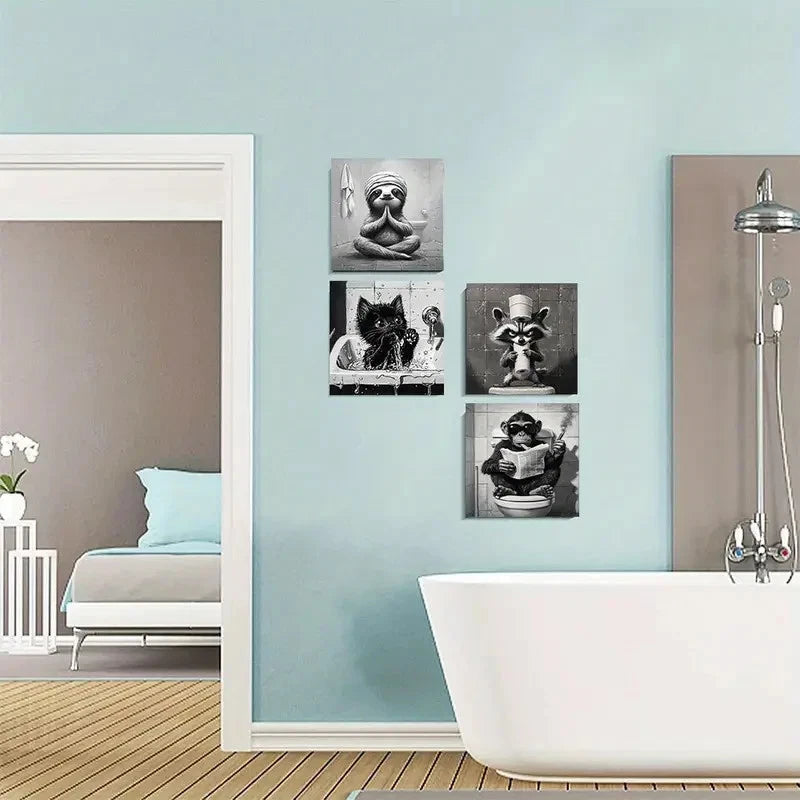 4pcs Whimsical Monkey Cat Raccoon Sloth Reading Wall Art Canvas Framed