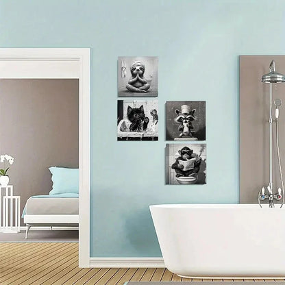 4pcs Whimsical Monkey Cat Raccoon Sloth Reading Wall Art Canvas Framed