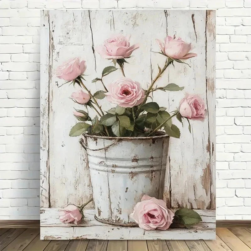 Beautiful Rustic Pink Roses In Metal Bucket Painting 40x60cm Metal Print Ready to Hang