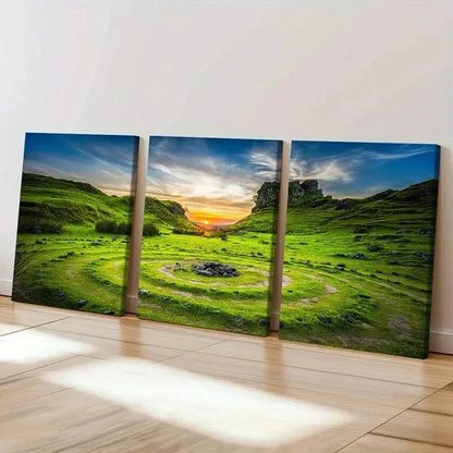 3pcs Green Grass Sunset Scenery Natural Wall Art Set Canvas Framed 40x60cm - High Quality Print 100% Australian Made Wall Canvas Ready to Hang