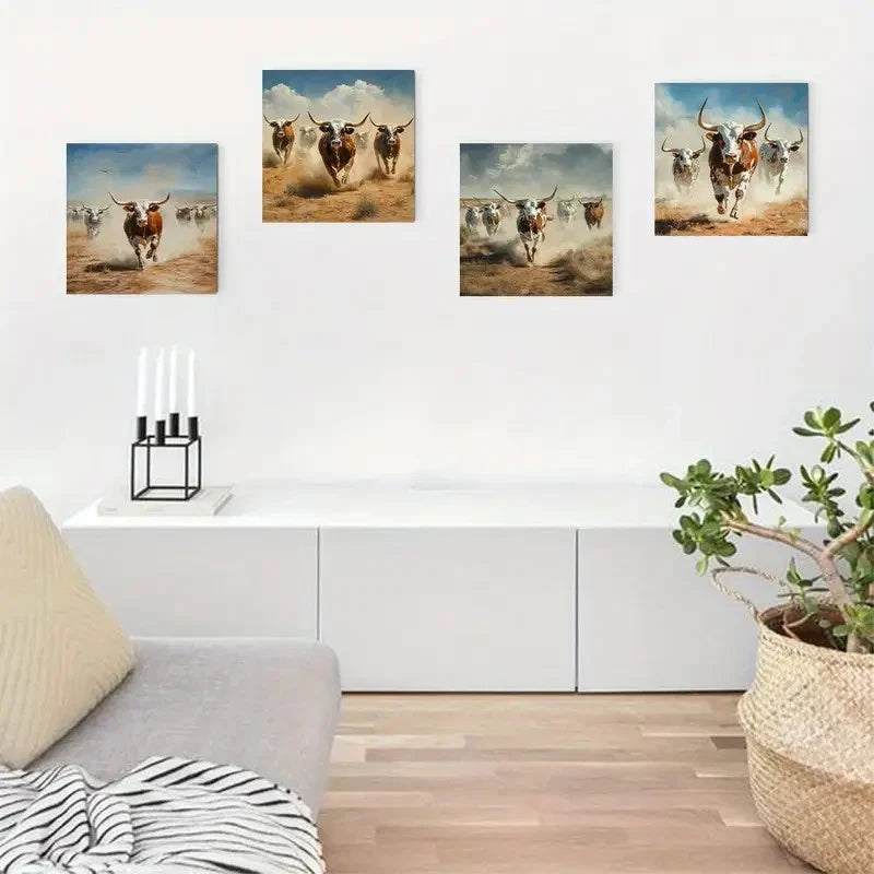 4pcs Galloping Cows In Dust Clouds Wall Art Canvas Framed