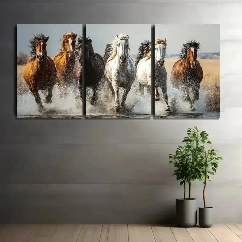 3pcs Group of Horses Galloping Across The Screen Metal Print Ready to Hang Art