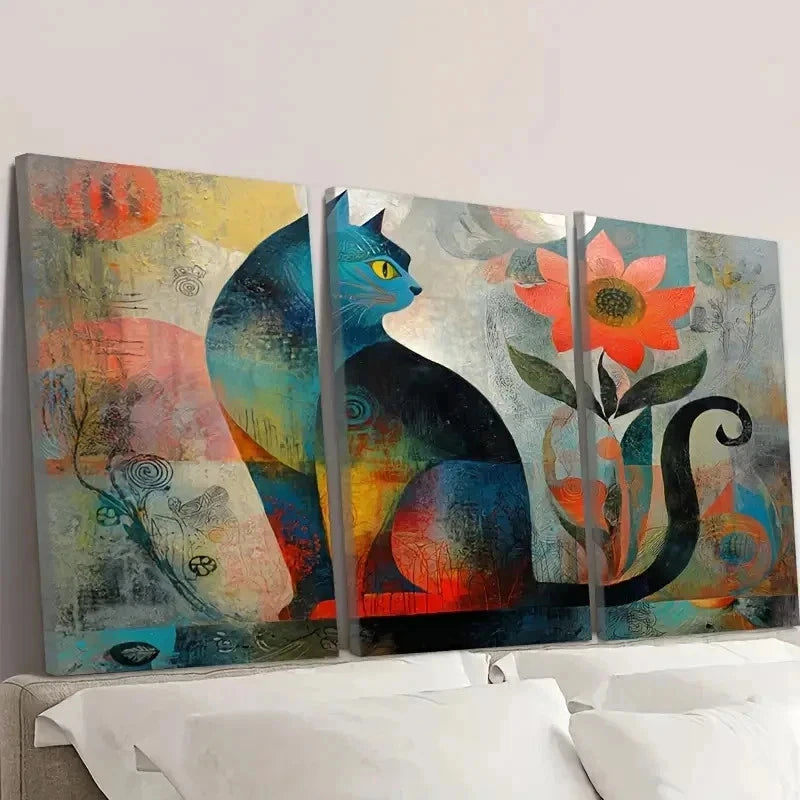 3pcs Abstract Cat Flower Wall Art Set Canvas Framed 50x70cm - High Quality Print 100% Australian Made Wall Canvas Ready to Hang