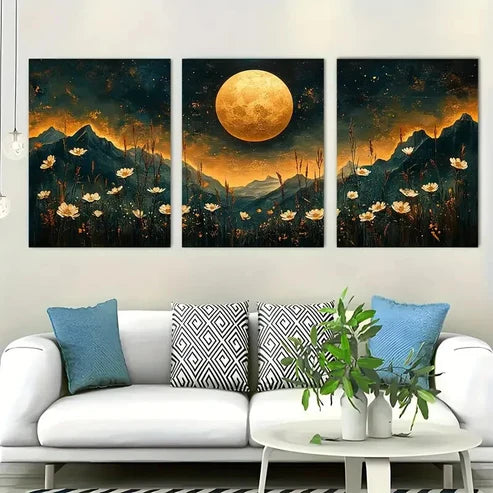 3pcs Full Moon Floral Night Sky White Perfect Wall Art Set Canvas Unframed - High Quality Print 100% Australian Made Wall Canvas