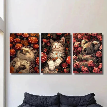 3pcs Hedgehog Cat Koala in Mushroom & Flowers Wall Art Canvas Unframed – High Quality Print 100% Australian Made Wall Canvas