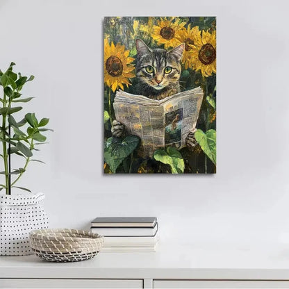 Whimsical Cat Reading Newspaper with Sunflowers  40x60cm Metal Print Ready to Hang