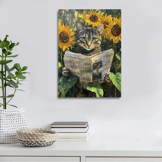 Whimsical Cat Reading Newspaper with Sunflowers  40x60cm Metal Print Ready to Hang