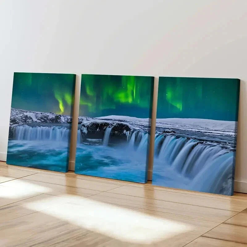 3pcs Snow Scene Aurora and Waterfall Wall Art Set Canvas Framed 40x60cm - High Quality Print 100% Australian Made Wall Canvas Ready to Hang