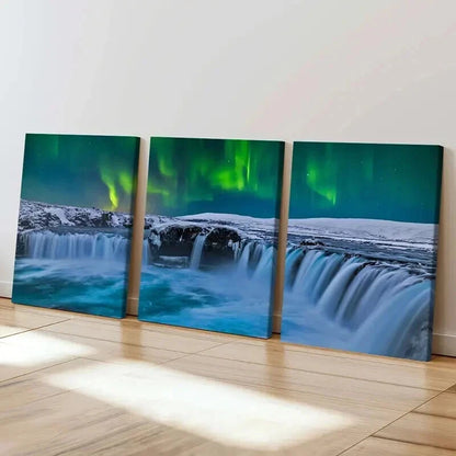 3pcs Snow Scene Aurora and Waterfall Wall Art Set Canvas Framed 40x60cm - High Quality Print 100% Australian Made Wall Canvas Ready to Hang