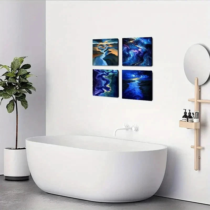 4pcsVibrant Blue & Purple Swirls Wall Art Canvas Framed