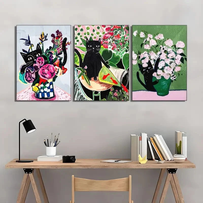 3pcs Floral and Black Cat Art Prints Metal Print Ready to Hang Art