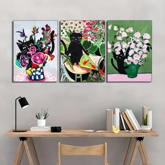 3pcs Floral and Black Cat Art Prints Metal Print Ready to Hang Art