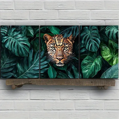 3pcs Leopard Lush Green Leaves Animal Themed Metal Print Ready to Hang Art