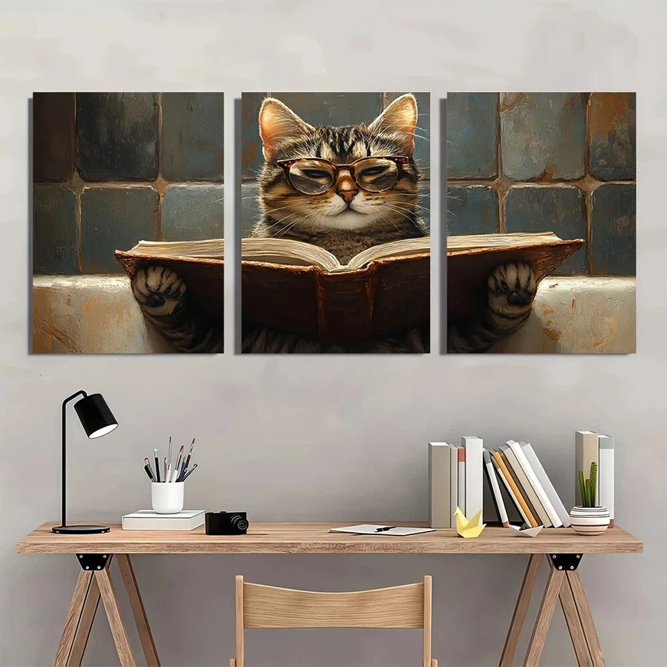 3pcs Whimsical Cat Charming Animal Glasses Metal Print Ready to Hang Art