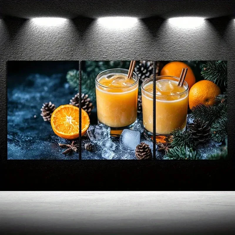 3pcs Pinecone And Orange Juice Fruits Metal Print Ready to Hang Art