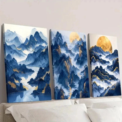 3pcs Mountains River and Golden Moon Wall Art Set Canvas Framed 40x60cm - High Quality Print 100% Australian Made Wall Canvas Ready to Hang