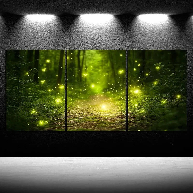 3pcs Fireflies in the Forest Greenery Metal Print Ready to Hang Art