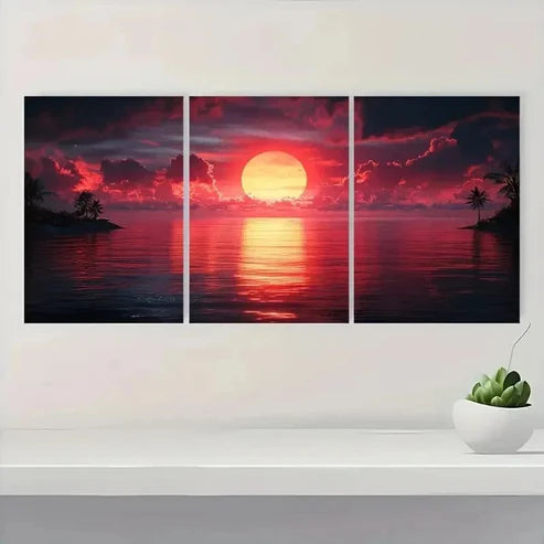 3pcs Stunning Red Sunset Digital Art Y Wall Art Set Canvas Unframed - High Quality Print 100% Australian Made Wall Canvas