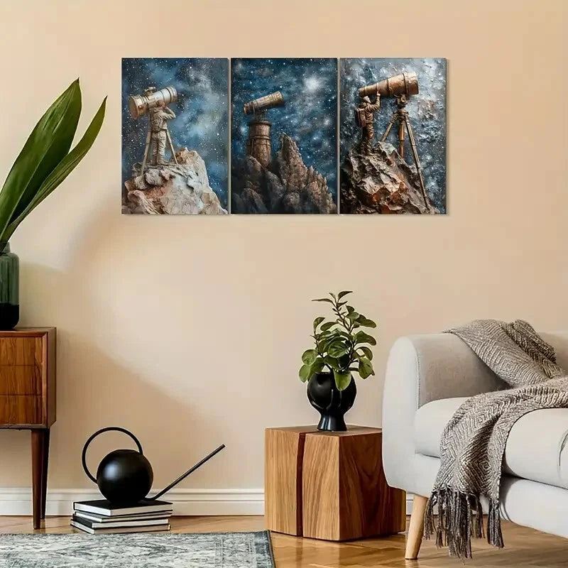 3pcs Astronaut Stargazing Old View Metal Print Ready to Hang Art