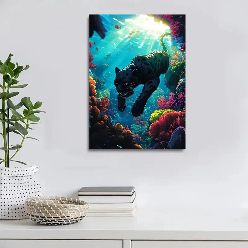 Panther Wrestling in Coral Reef Underwater Painting 40x60cm Metal Print Ready to Hang