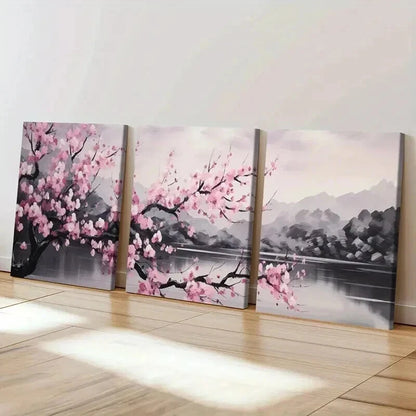 3pcs Tranquil Lake & Japanese Sakura Wall Art Set Canvas Framed 40x60cm - High Quality Print 100% Australian Made Wall Canvas Ready to Hang