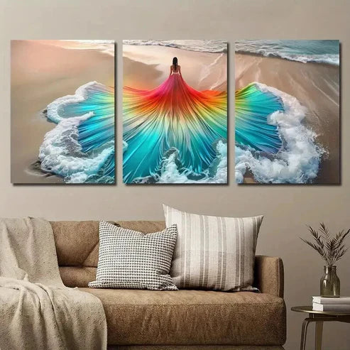3pcs Beautiful Woman Art in Beach Wave Dress Wall Art Set Canvas Unframed - High Quality Print 100% Australian Made Wall Canvas