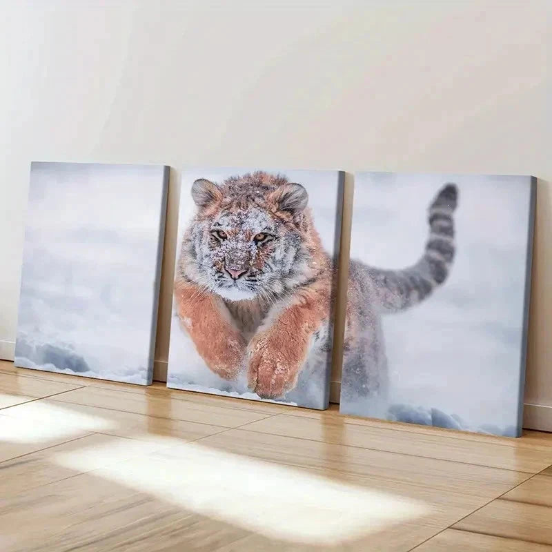 3pcs Striking Snowy Tiger in Action Wall Art Set Canvas Framed 40x60cm - High Quality Print 100% Australian Made Wall Canvas Ready to Hang