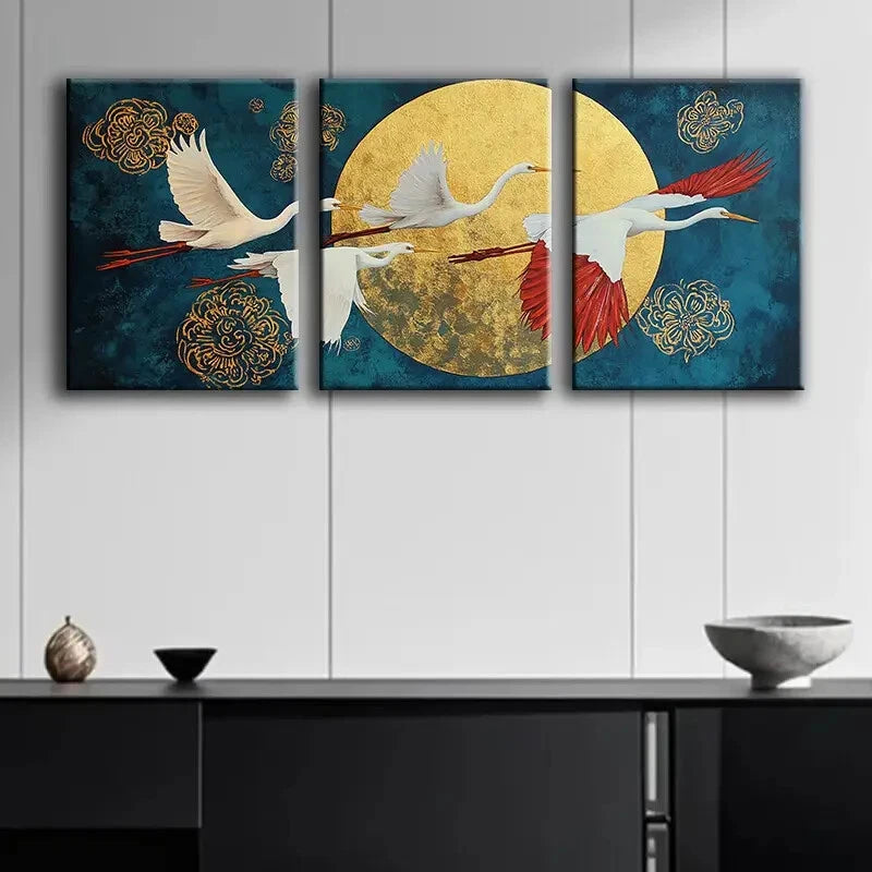 3pcs White Herons in Flight Luxurious Metal Print Ready to Hang Art