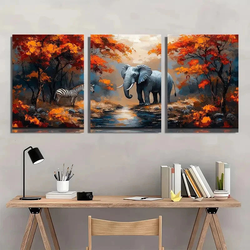 3pcs Elephant Zebra & Lion Nature Scene Metal Print Ready to Hang Art