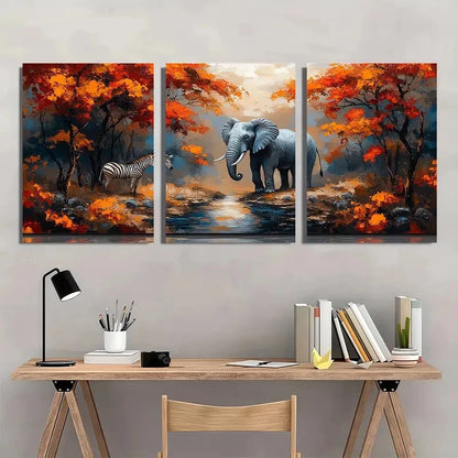 3pcs Elephant Zebra & Lion Nature Scene Metal Print Ready to Hang Art